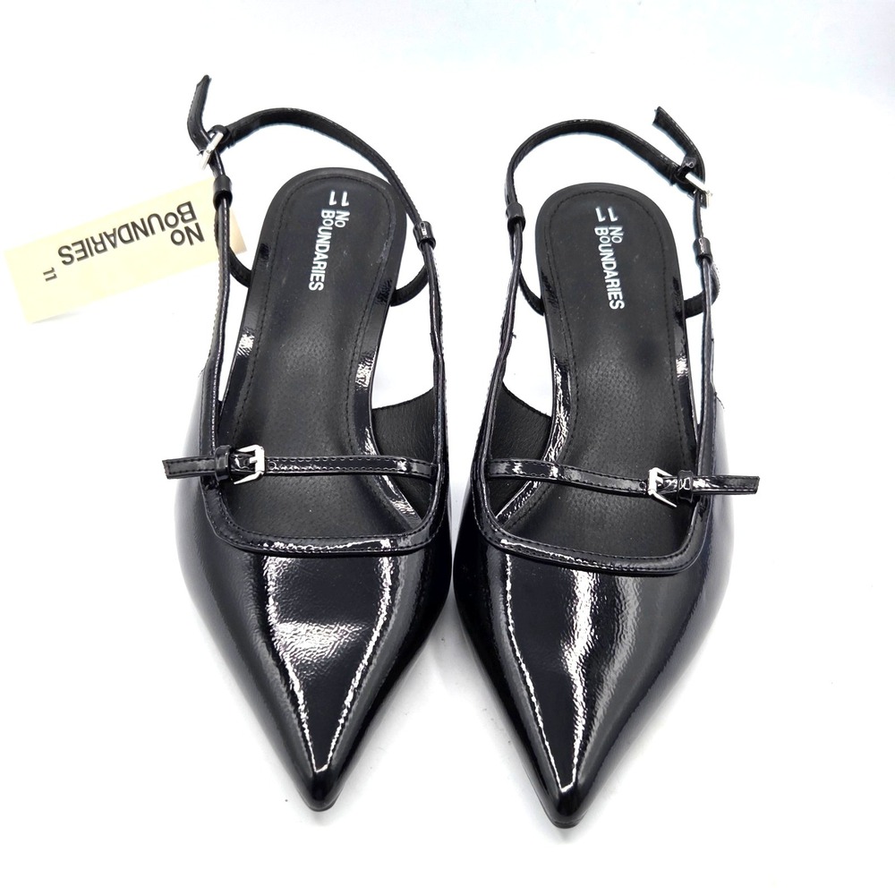 No Bo Black Patent Leather Slingback Pointed Toe Kitten Heels Straps Size 11 NEW